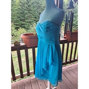David's Bridal Teal Draped Solid Polyester Off The Shoulder Knee Length Dress 10